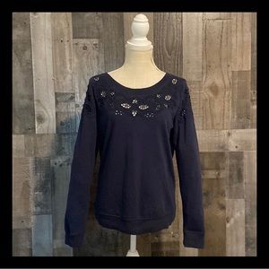 LOFT navy sweater floral embroidery eyelet cutouts feminine warm winter preppy